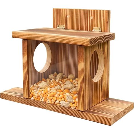 Mangeoire en bois carbonisé pour écureuil avec fenêtre en acrylique et support pour maïs, Weathe Fabriqué à partir de bois carbonisé durable, idéal pour les jardins, balcons et cours. Facile à survei (1/5)