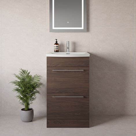 Napoli 390 Brown Oak 500mm 2 Drawer Vanity Unit with Arc Basin - 500mm - Chrome 320mm Handle