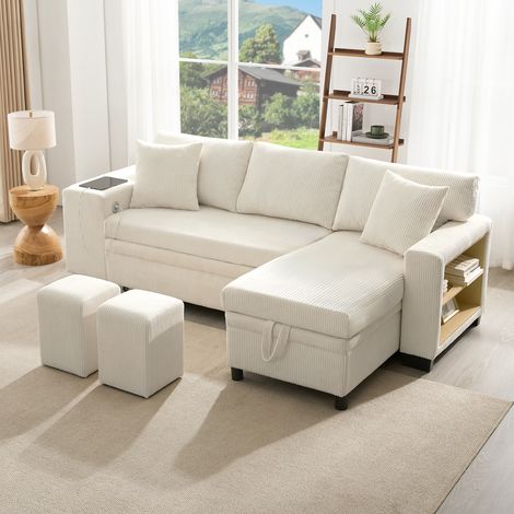 Canapé d'angle convertible 3 places 231 x 131,5 x 84 cm avec rangement ports USB-C étagère et coussins, velours côtelé Beige (1/5)