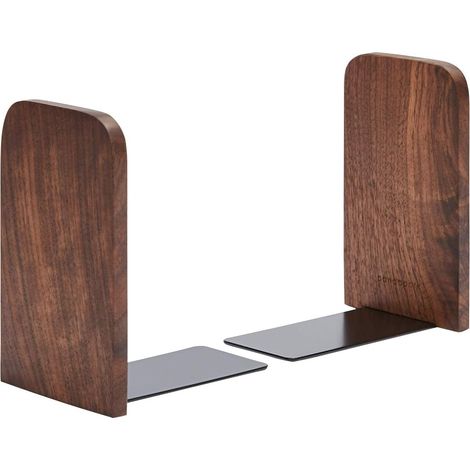 Bookends - Solid Black Walnut Wood with Iron Base - L-Shaped Non-Slip Design for Desk Shelf Organization - 1 Pair (1/5)