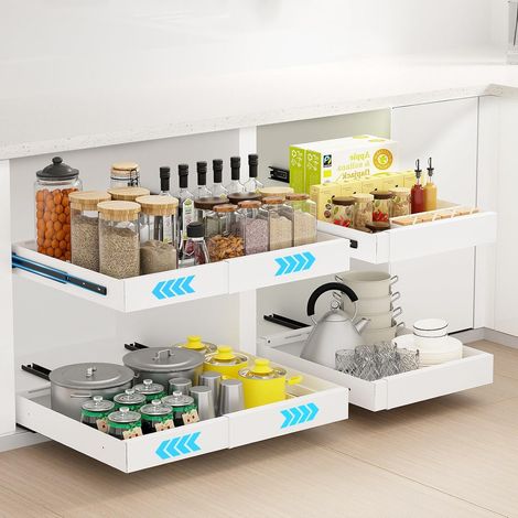 2 cajones de cocina telescópicos de 32–52 cm, con doble riel reforzado, para todos los muebles. (1/4)