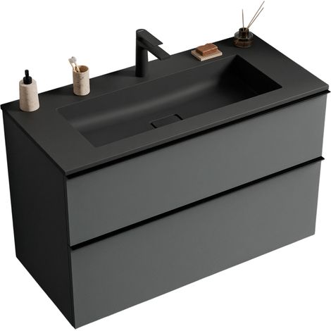 Bernstein – Meuble de salle de bain 100 cm avec vasque en pierre de synthèse – 2 tiroirs métalliques Hettich – Anthracite mat – Installation murale