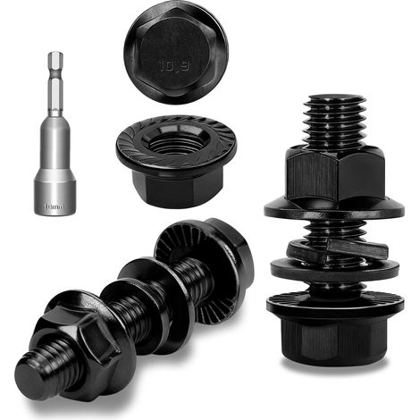 Lot de 12 vis à tête hexagonale M8 x 20 mm avec bride en acier au carbone noir DIN 6921 à six pans extérieurs, rondelles, rondelles et écrous/vis avec douille hexagonale (1/5)