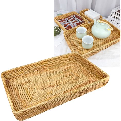 Snackkorb aus Rattan, Tischorganizer, handgeflochten, multifunktionales Serviertablett, Größe L (1/5)