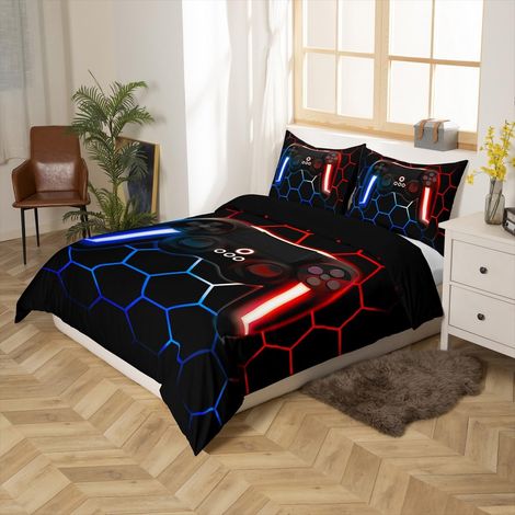 Housse de couette pour garçons 155 x 220 cm Pour enfants Pour jeunes Lumière néon moderne Consoles de jeux alternatives Doux Géométrique Hexagon Housse de couette + 1 taie d'oreiller (1/5)