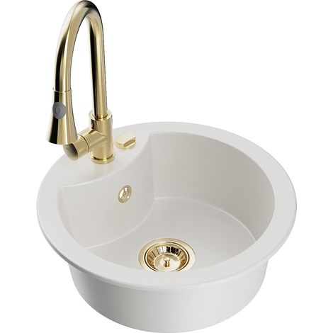 Mexen Diego lavabo in granito 1-vasca con rubinetto da cucina Elia, bianco - 6512-20-670101-50 (1/5)