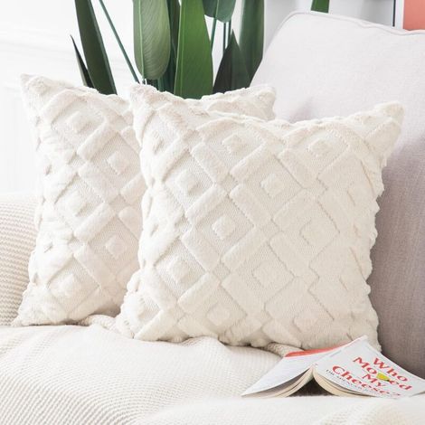 Lot de 2 Doux Peluche Laine Courte Velours Décoratif Housses de Coussin Luxe Style pour canapé Chambre Beige 45x45 cm (1/4)