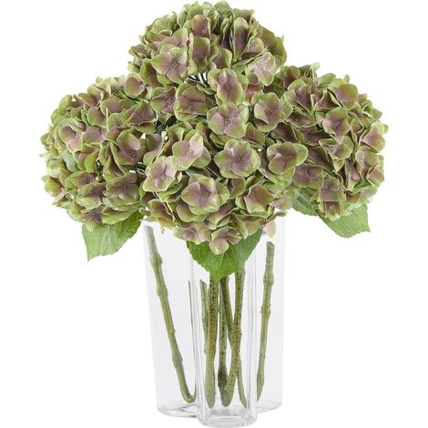Lot de 4 fleurs d'hortensia artificielles à double pétales - 63 cm - Toucher réel - Avec longues tiges et grandes fleurs - Pour vase, salon, maison, mariage et fête - Vert violet (1/5)