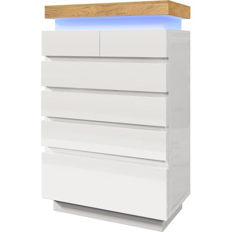 Commode, buffet laqué brillant à 6 tiroirs, éclairage LED (contrôle via application), meuble polyvalent pour salon et chambre, 115 x 73 x 39 cm, blanc (1/5)