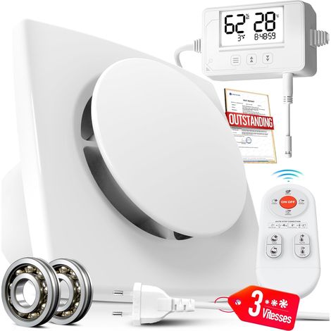 3 Vitesses Extracteur d'Air Automatique Détecteur Humiditer et Température, Minuterie, Télécommande, 100mm VMC Salle de Bain Hygroréglable, Silencieux et Puissant Ventilation P119 (1/5)