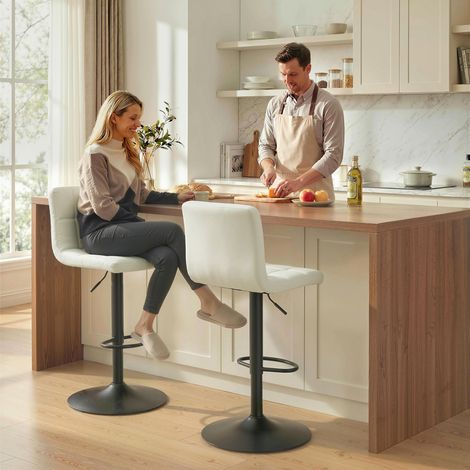 Ensemble de 2 tabourets bar réglables avec repose pieds cuir PU et acier crème 39,5x44x88-110 cm