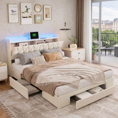 Lit capitonné 140x190 cm avec LED et USB, lits double avec 3 tiroirs, lit adulte avec sommier à lattes,tete de lit avec rangement, pour adultes et adolescents, velours, beige (1/5)