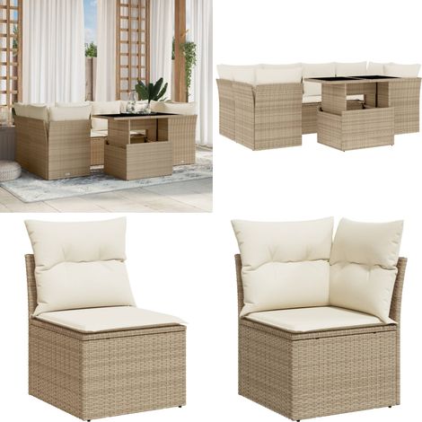 Salon de jardin avec coussins 7 pcs beige résine tressée - Ensemble Salon De Jardin - Salon De Jardin Extérieur - Meuble De Jardin - Table De Jardin Extensible - Canapé D'extérieur - Home & Living (1/5)
