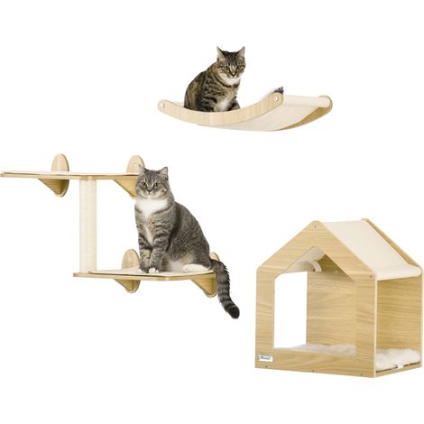 3-teiliges Katzenkletterset mit Wand, Regalen, Bett, Hängematte und Sisalstamm, Eichenfarbe