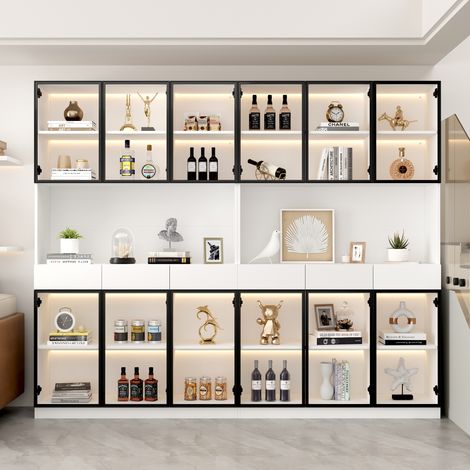 Glasvitrine mit LED Beleuchtung (30 x 240 x 200 cm), mit Schubladen, verstellbaren Einlegeböden, Spanplatte, Weiß (1/5)