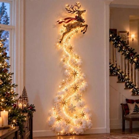 Décoration murale de Noël lumineuse avec cascade de rennes, cerfs volants et guirlande lumineuse LED blanc chaud, ornements d'étoiles de neige, décoration murale rustique pour la maison (1/5)
