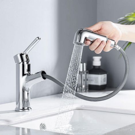 Waschtischarmatur mit ausziehbarer Brause, Mischbatterie mit zwei Strahlarten, Handarmatur mit herausnehmbarem Luftsprudler, Keramikkartusche, Chrom, Messing (1/5)