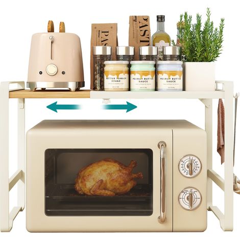 Étagère pour Micro-ondes, Extensible, Support pour Mini Four, Largeur Réglable de 41,5 à 64 cm, Étagère de Cuisine, Acier et Bambou, 4 Crochets, Blanc Crème et Bambou Clair KCS060W01 (1/5)
