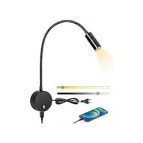 Wand- und Nachttischlampe, dimmbares Licht per Touch-Bedienung, USB-Ladeanschluss, Schwarz