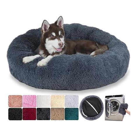 Panier Rond Chien Dehoussable - Coussin Donut Amovible et Lavable, Anti-Dérapant, Lit Apaisant, Moelleux (XL:80cm, Gris Foncé) (1/5)
