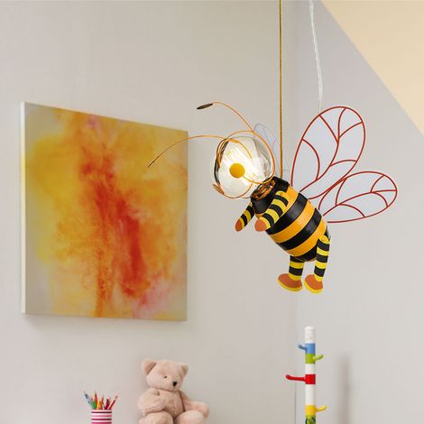 Hängelampe Kinderzimmer Pendelleuchte Biene LED Schlafzimmerlampe Junge Mädchen, Metall schwarz gelb, LED 7W 700lm 2700K warmweiß, LxBxH 36x25x120 cm (1/5)