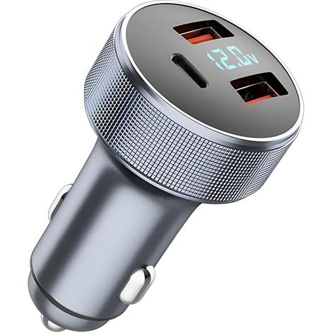 Cargador USB para coche de 72 W con pantalla LED de voltaje, puertos duales de 18 W QC 3.0 y 36 W PD, color gris. (1/4)