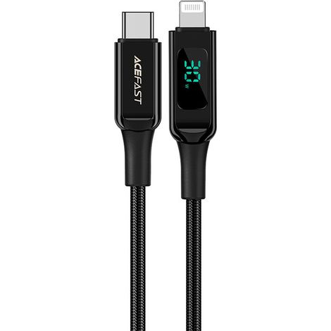 Cable trenzado con pantalla LED para iPhone MFI USB-C - Lightning 1,2 m 30 W 3 A Negro (1/5)