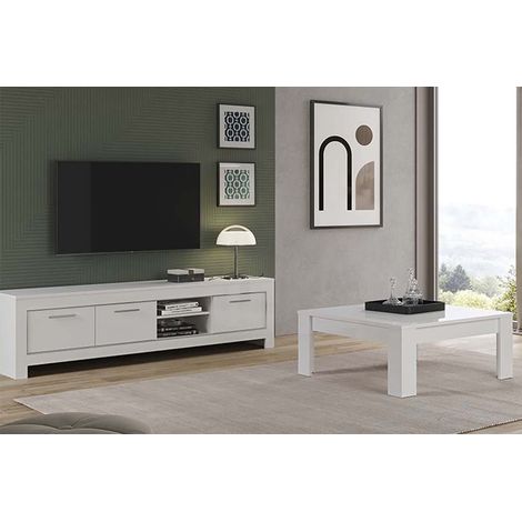 DENAE - Ensemble Salon Laqué Blanc Brillant Meuble TV 3 Portes + Table Basse Carrée (1/4)