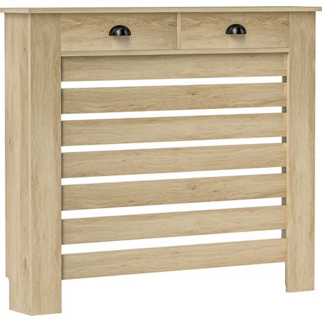 Couvercle de radiateur - HOMCOM - grille à lattes horizontales - avec 2 tiroirs - en bois - 111 x 19 x 95,5 cm - chêne