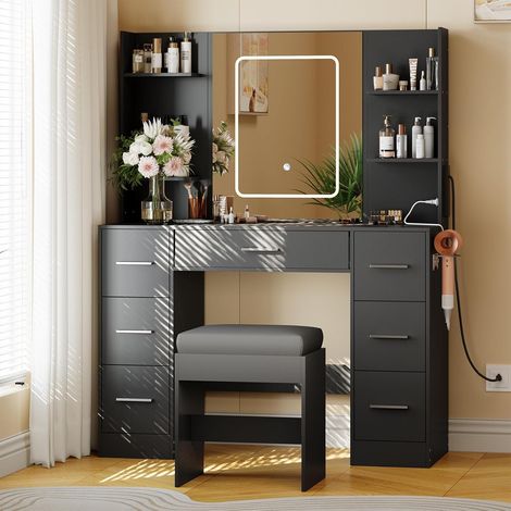 Coiffeuse avec Miroir LED et Tabouret - Table de Maquillage Blanche 7 Tiroirs, Port USB et Support Sèche-Cheveux (1/5)