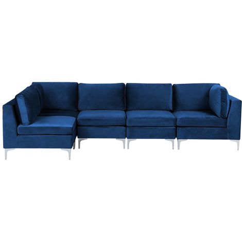 Sofá esquinero 5 plazas de terciopelo azul marino derecho asiento patas metal glamour Evja (1/5)