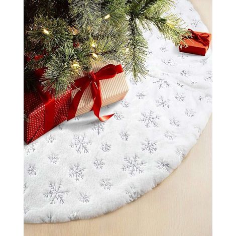 Jupe de Sapin de Noël Argent Sequin Flocon de Neige, 90CM Decoration Sapin Noël, Blanc Neige Fausse Fourrure Couvre-Pied de Sapin, Noël Decoration Sapin pour Décorations de Vacances de Fête (1/5)