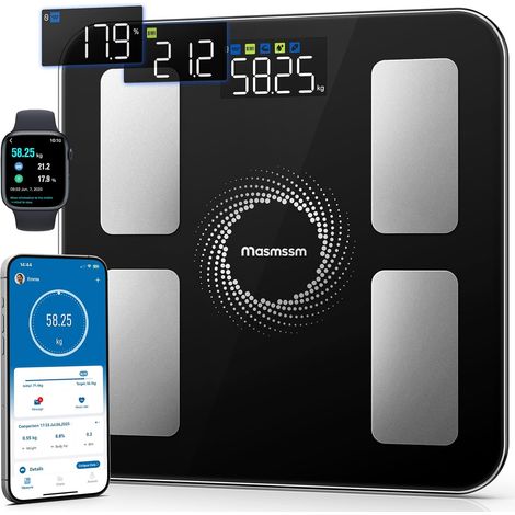 Balance Pèse-Personne, Balance Connectée Impédancemètre Écran Couleur 6-en-1 Défilant, 20 Indicateurs, IMC, Graisse Corporelle, Max. 180kg/ 400lb (1/5)
