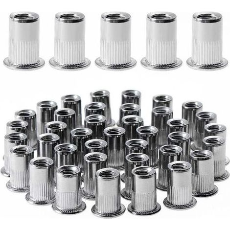 100 pièces M6 écrou à rivet fileté à tête plate,écrous à riveter fileter en acier inoxydable,assortiment inserts filetés pour mental plastique (12 mm × 15 mm) (1/5)