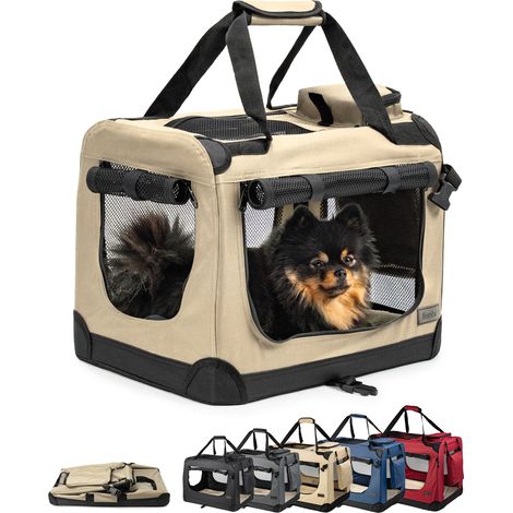 lionto Hundetransportbox faltbar, stabile Stoffbox mit Mesh-Einsätzen, ideal für Auto, Reise & Tierarzt, 50x34x36 cm, beige
