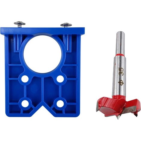 Outil de positionnement des trous de charnière (bleu) + foret rouge de 35 mm Gabarit de perçage pour charnières de 35 mm, outil auxiliaire de perçage pour le travail du bois, gabarit de perçage pour c (1/5)