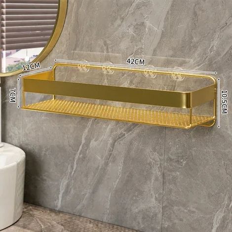 (42 cm - Sans crochet) Étagère de rangement dorée pour salle de bain, fixation murale trépied, rangement pour shampoing et gel douche, accessoires de salle de bain (1/5)