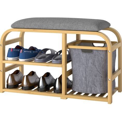 Tabouret à chaussures avec coussin, 2 étagères à lattes et panier coulissant en tissu, 70 x 30 x 45 cm, couleur bois naturel (1/5)