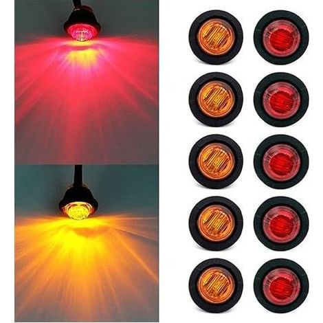 TAISHENGDA-10PCS 3/4" 12V LED Runde Seitenleuchte für LKW, Auto, Bus, Anhänger, Wohnwagen, Boot, Rücklicht, Bremslicht (Gelb+Rot) (1/5)