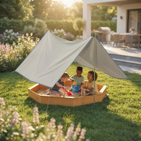Bac sable bois auvent enfant extérieur 4 bancs doublure fond, jaune