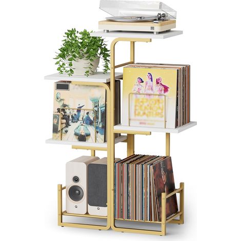 Support Platine Vinyle Inspiré Jardinière avec Rangement LP - Doré Étagère LP et Présentoir Albums pour Salon et Chambre, Meuble Retro Décoratif Ideal pour Petits Espaces et Appartements (1/5)