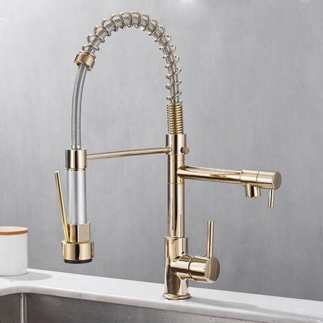 Petites Ecrevisses – Robinet mitigeur cuisine extractible 2 jets – Bec pivotant 360° – Finition dorée – Installation facile – Eau chaude et froide (1/5)