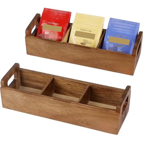 Lot de 2 petites boîtes à thé en bois, organisateurs de rangement en bois d'acacia à 3 compartiments avec poignées pour le sucre, les sachets de thé et les édulcorants (1/4)
