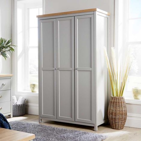 Wardrobe Grey Oak 3 Door Wooden Hanging Rail Storage Shelves Furniture 36mm Top (1/5)