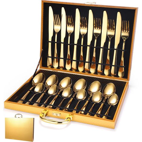 (Coffret en bois doré 24 pièces) Ensemble de couverts en acier inoxydable comprenant couteaux, fourchettes et cuillères en acier inoxydable (1/3)