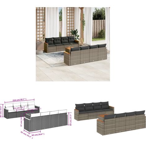 9-tlg. Garten-Sofagarnitur mit Kissen Grau Poly Rattan - Gartenmöbel Set - PE-Rattan Möbel - Outdoor Sofa - Esstisch - Lounge Set - Home & Living (1/3)