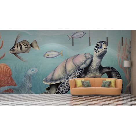 Papier peint animaux - tortue marine et coraux - 150 x 250 cm (1/2)
