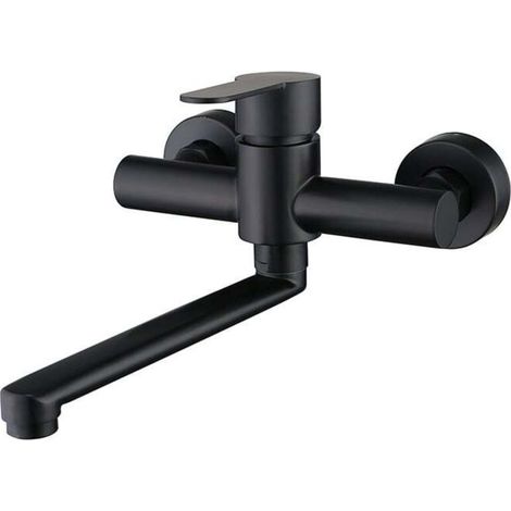 Stainless Steel Wall Mount Kitchen Mixer Tap, 360° Swivel Kitchen Sink Faucet, Adjustable Hot and Cold Water, Black (1/5)