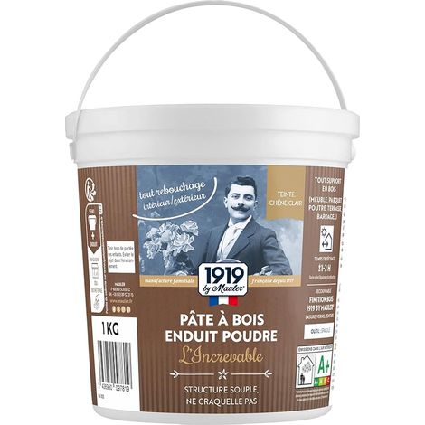 Enduit de rebouchage bois Gros Trous - Pâte à bois Poudre - 1kg teinte Chêne Clair - Intérieur/extérieur, ne fendille pas, adhérence extrême - L'Increvable 1919 BY MAULER