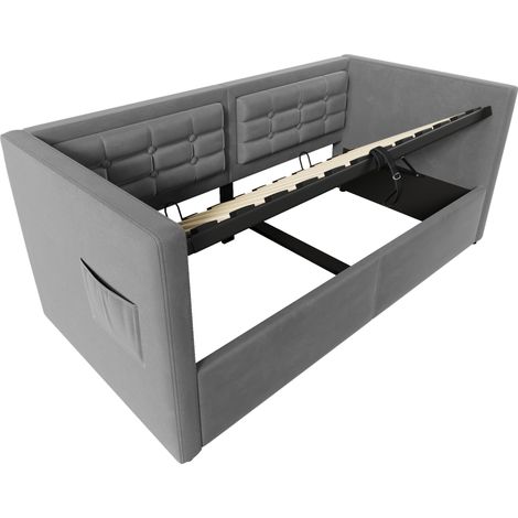 Letto divano 90 x 190 cm in velluto grigio con contenitore idraulico e USB Type-C (1/5)
